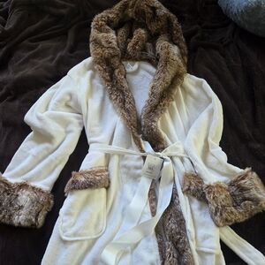 Pottery Barn White and Brown Faux Fur Robe